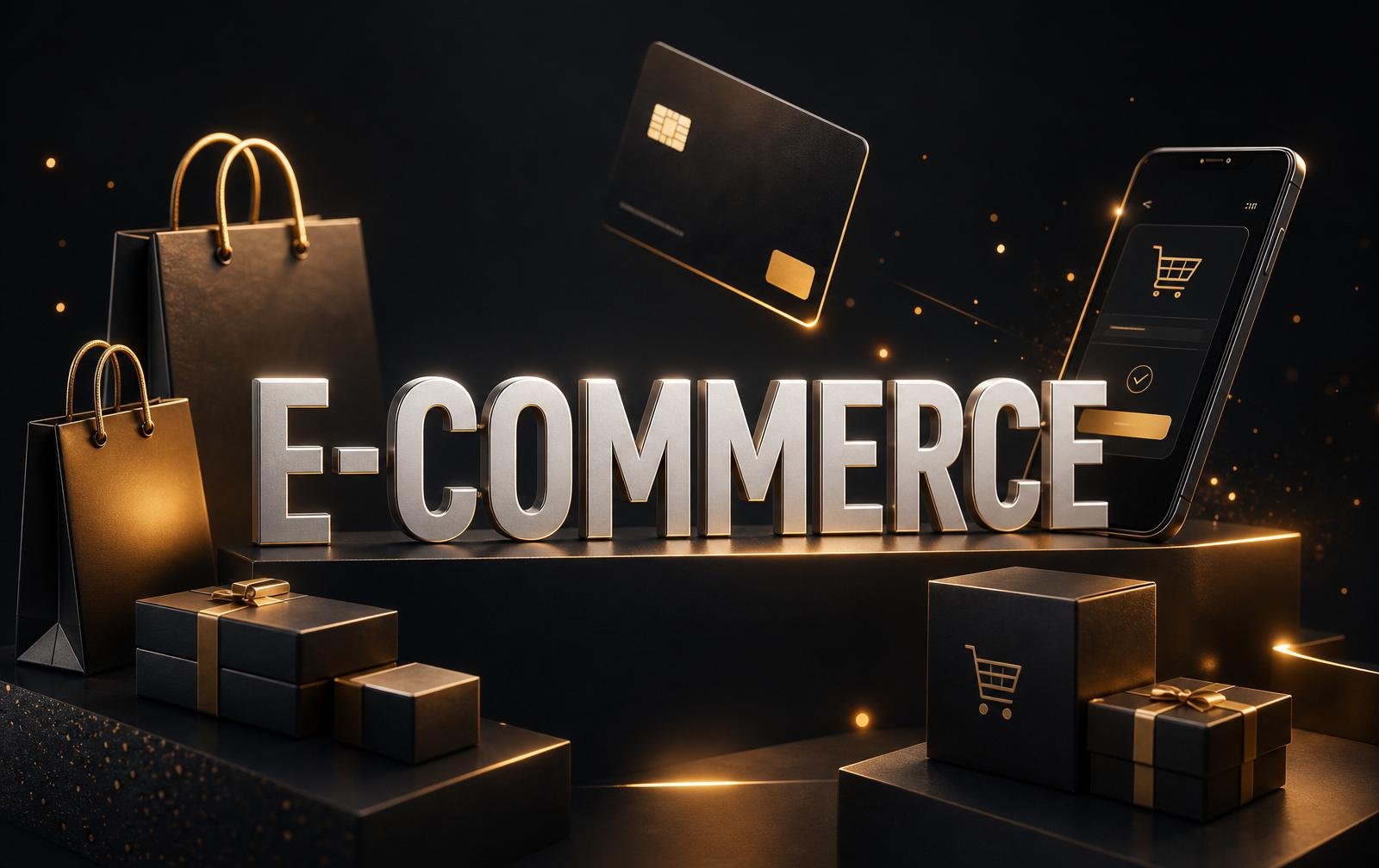 E-commerce — capa com bolsas, cartão e checkout mobile