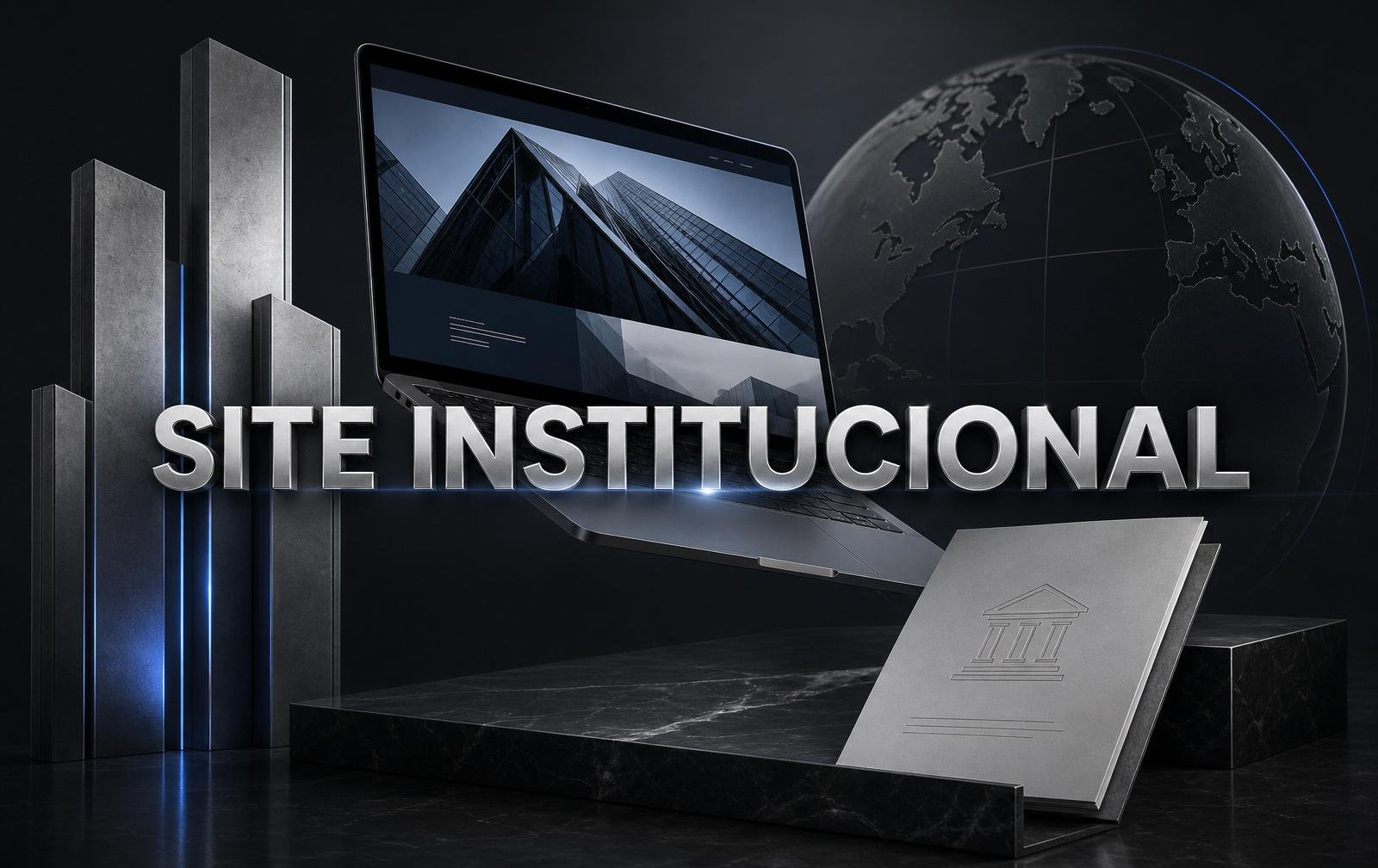 Site institucional — capa com laptop, colunas e globo